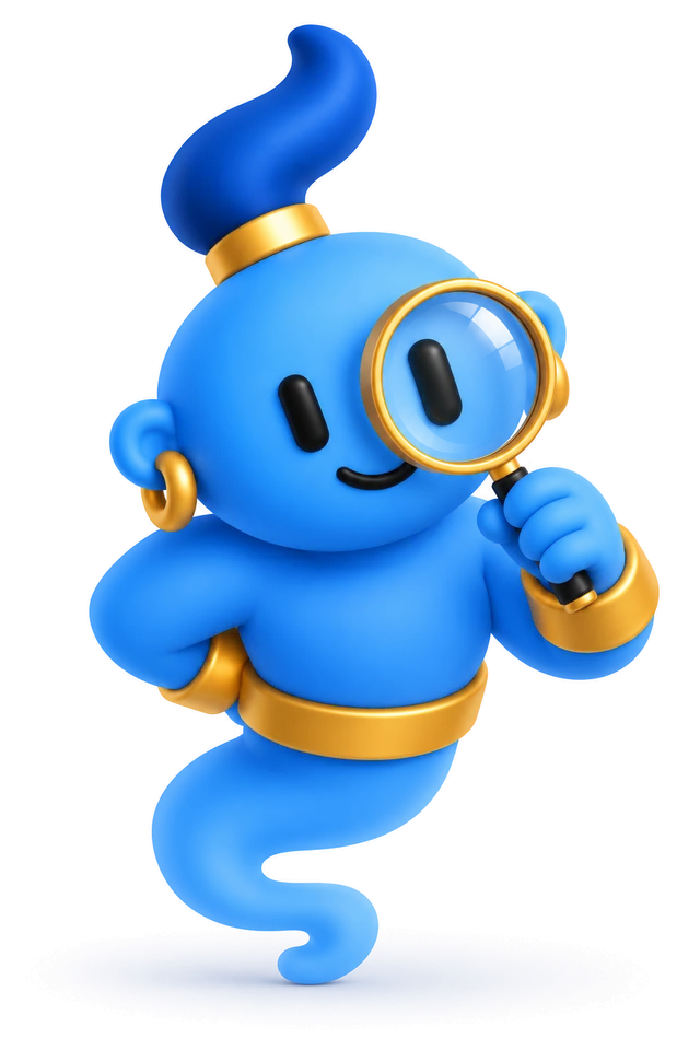 The genie, peering through a magnifying glass